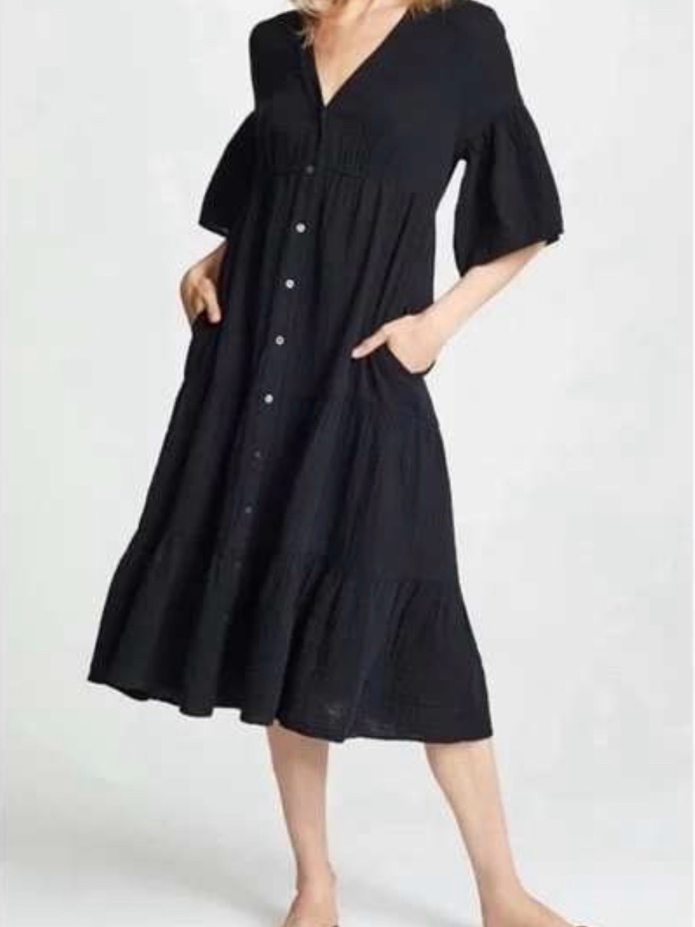 Xirena Black Cotton Gauze Tiered Button-Front Midi Dress with Pockets